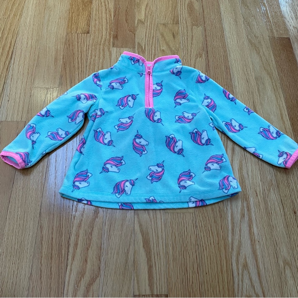 Oshkosh fleece teal/pink unicorn 3/4 zip up pull over long sleeve size 18mos